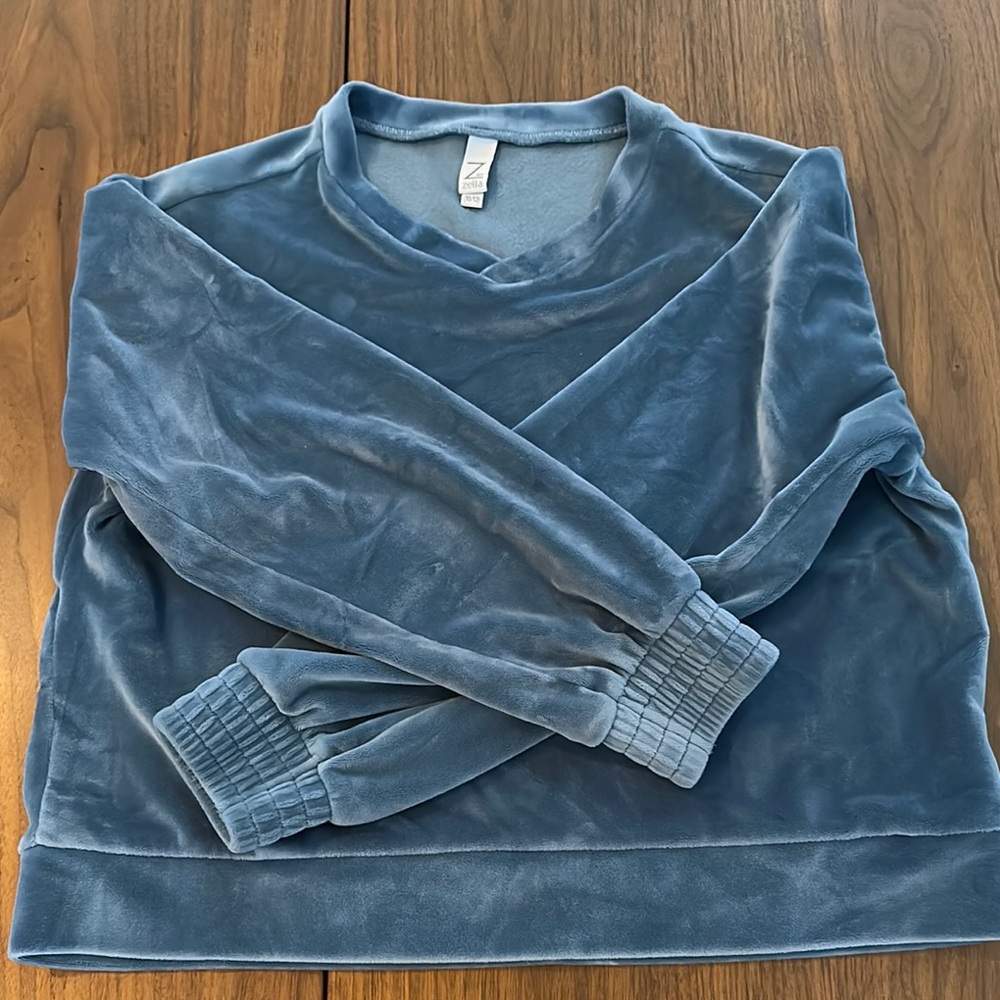 Zella Blue V-Neck Sweater Soft Velvety Texture
